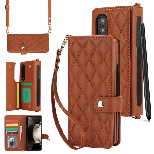 A brown, leather wallet protector case for the Samsung Galaxy Z Fold 3 with a detachable strap and card holder compartments. The case features a quilted design and includes a holder for an S Pen.