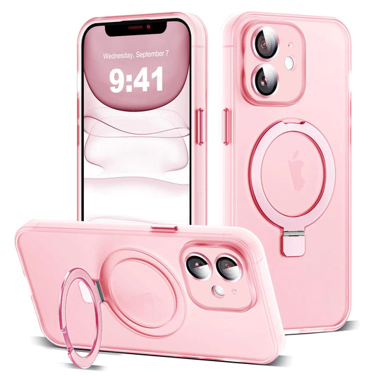 A pink iPhone 11 case with a magnetic ring stand, showing the front, back, and side views.
