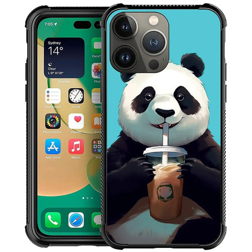 A mobile phone case with a graphic design of a cartoon panda drinking coffee.