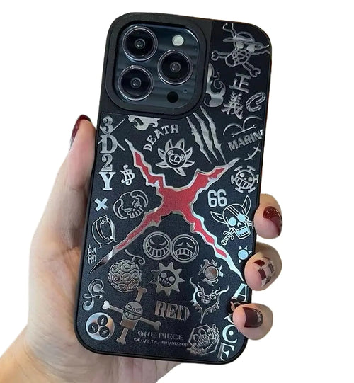 A hand holding a iPhone 13 or 14 case with a unique mirror design featuring red and black colors and various symbols and text.