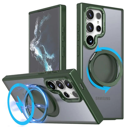 A purple iPhone 14 Pro Max case with a 360° rotatable magnetic ring kickstand on the back. The case is designed to be compatible with Magsafe and provides military-grade shock protection.