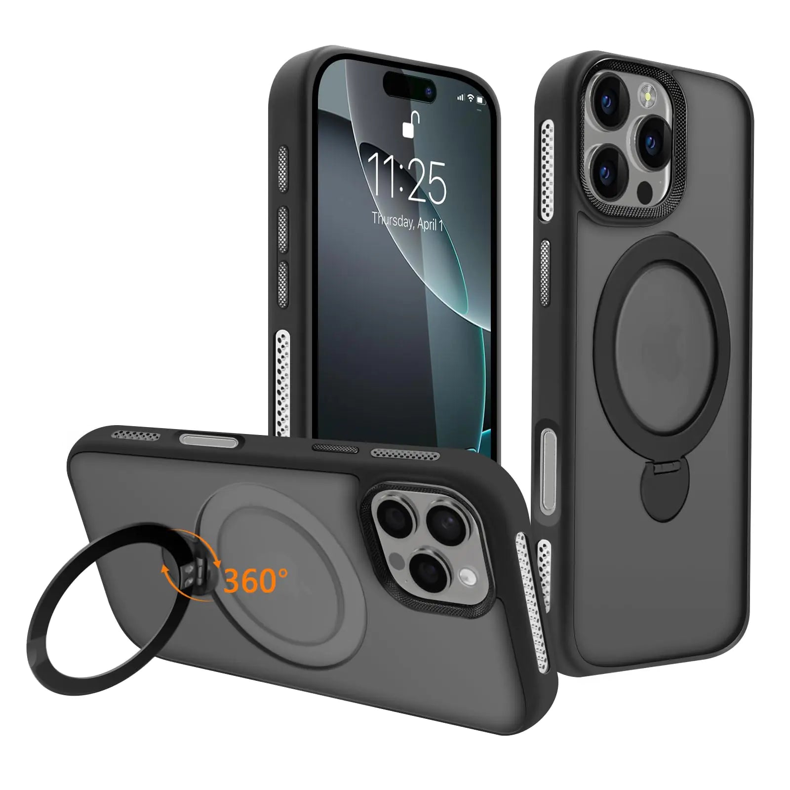 A black iPhone 16 Pro Max case with a 360° spin magnetic stand and built-in invisible bracket, visible honeycomb cooling holes, and a metal lens frame.