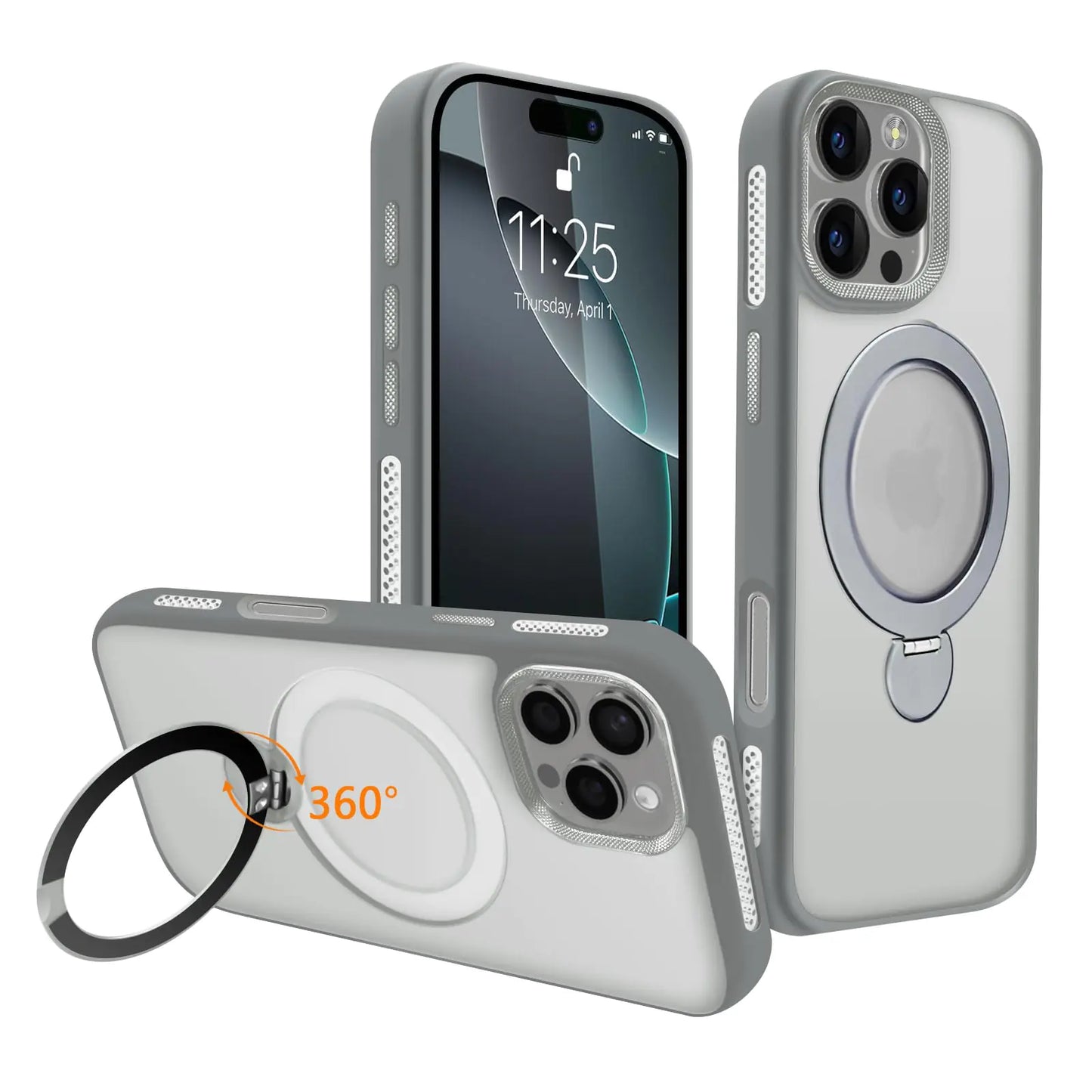 A black iPhone 16 Pro Max case with a 360° spin magnetic stand and built-in invisible bracket, visible honeycomb cooling holes, and a metal lens frame.