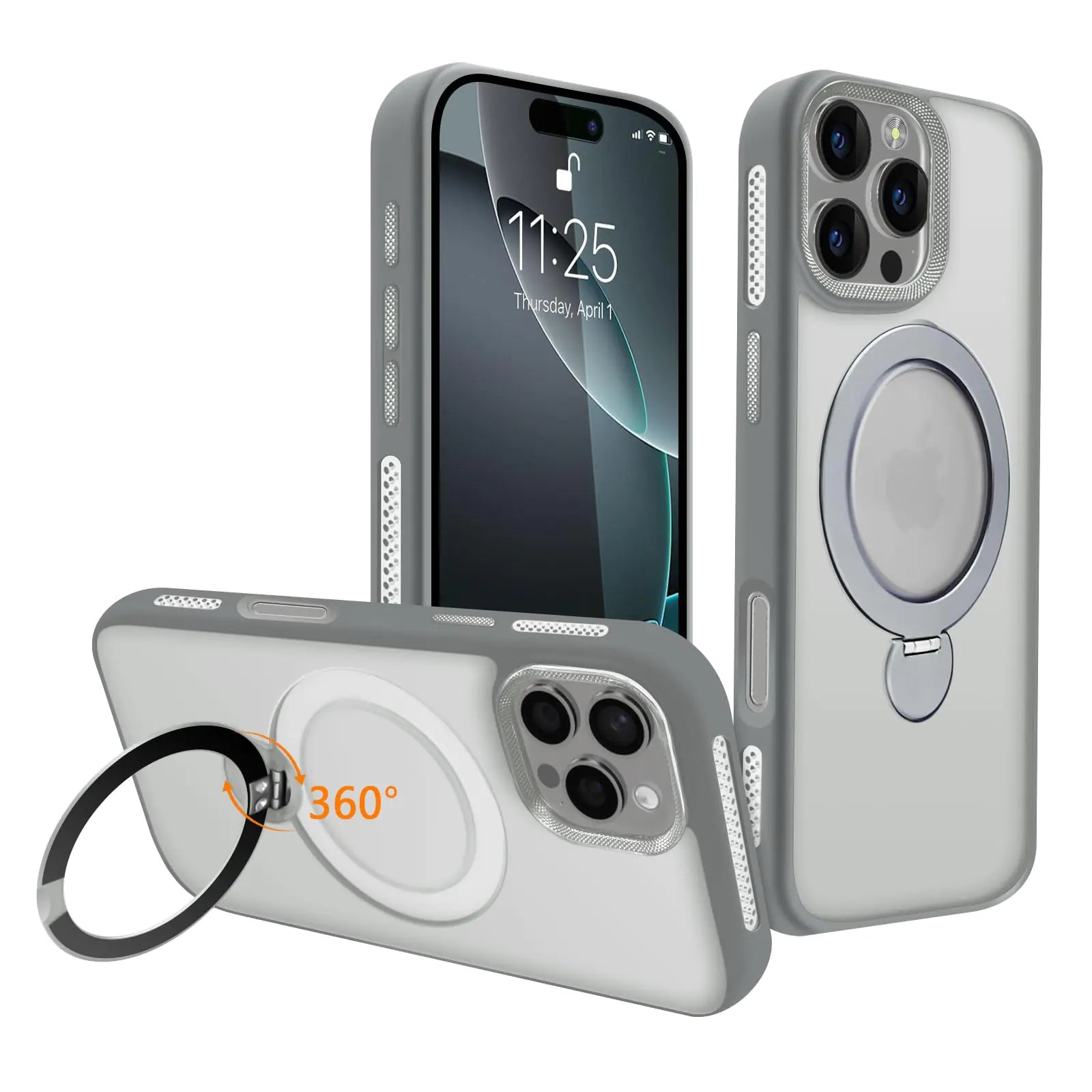 A black iPhone 16 Pro Max case with a 360° spin magnetic stand and built-in invisible bracket, visible honeycomb cooling holes, and a metal lens frame.