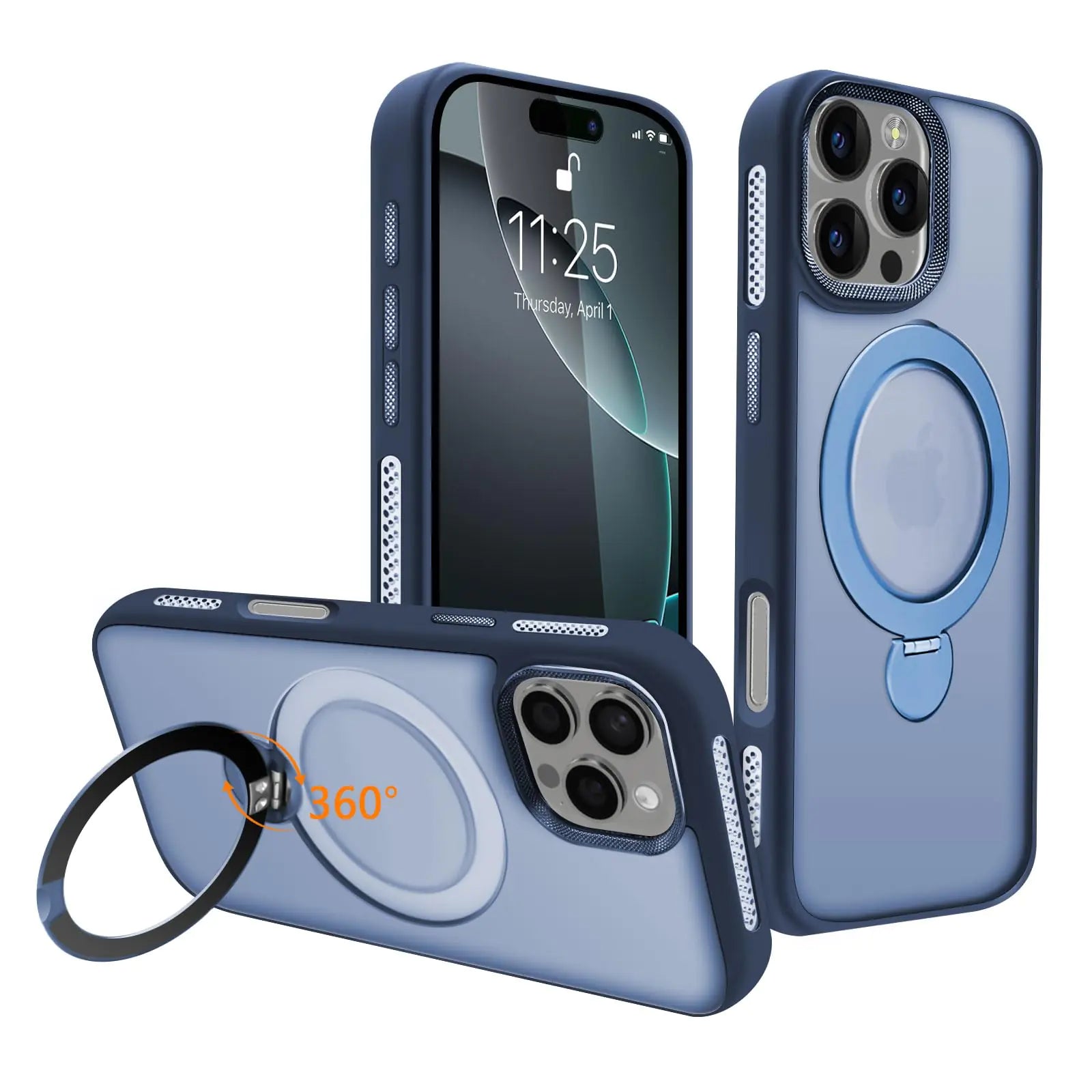 A black iPhone 16 Pro Max case with a 360° spin magnetic stand and built-in invisible bracket, visible honeycomb cooling holes, and a metal lens frame.