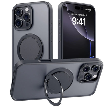 A purple iPhone 16 Pro Max case with a built-in magnetic ring stand on the back, compatible with MagSafe.