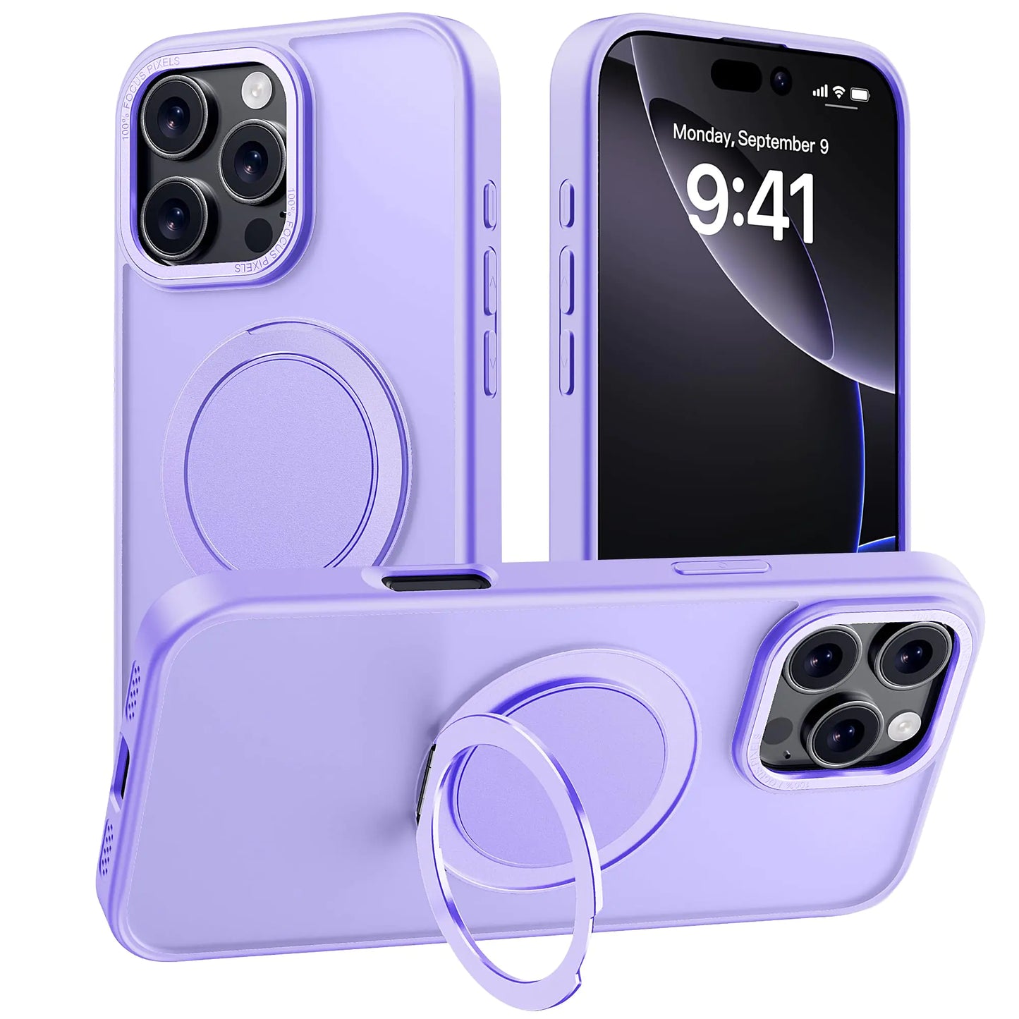 A purple iPhone 16 Pro Max case with a built-in magnetic ring stand on the back, compatible with MagSafe.