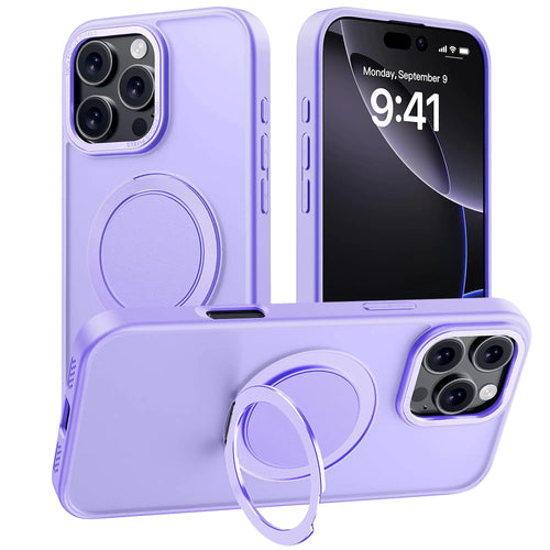 A purple iPhone 16 Pro Max case with a built-in magnetic ring stand on the back, compatible with MagSafe.