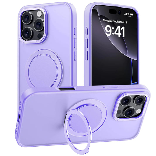 A purple iPhone 16 Pro Max case with a built-in magnetic ring stand on the back, compatible with MagSafe.