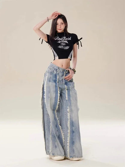 Jeans Destroyed Loose Burrs Wide Leg Bootcut Pants WEM Support (www.WEM.support)