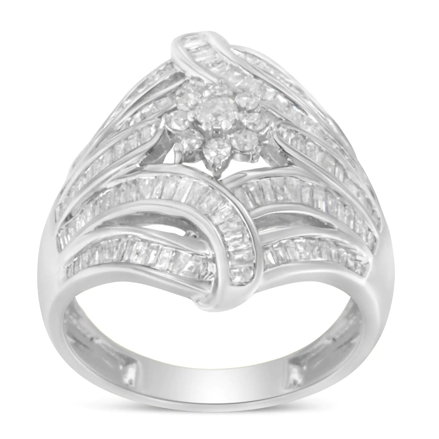 .925 Sterling Silver 1-1/8 Cttw Round & Baguette Diamond 'Flower & Fern' Cluster Cocktail Fashion Ring (I-J Color, I2-I3 Clarity) WEM Support (www.WEM.support)