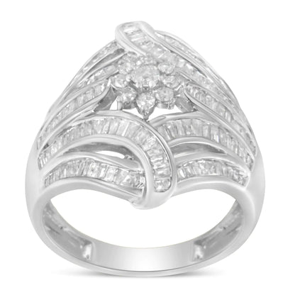 .925 Sterling Silver 1-1/8 Cttw Round & Baguette Diamond 'Flower & Fern' Cluster Cocktail Fashion Ring (I-J Color, I2-I3 Clarity) WEM Support (www.WEM.support)