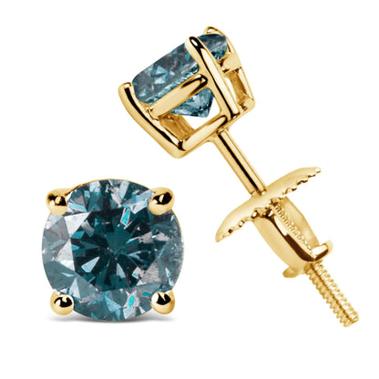 14K Gold Round Brilliant Cut Lab Grown Blue Diamond 4-Prong Classic Solitaire Stud Earrings with Screwbacks WEM Support (www.WEM.support)