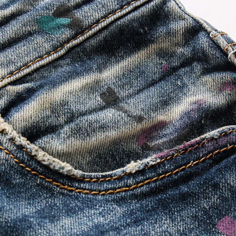 Men's Ripped Patch Jeans Youth Slim Pants Biker Pants Inkjet Personality WEM Support (www.WEM.support)