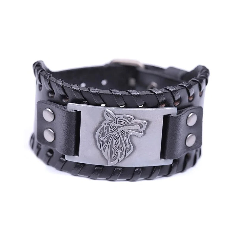 Vintage Wide Leather Woven Wolf Head Bracelet WEM Support (www.WEM.support)