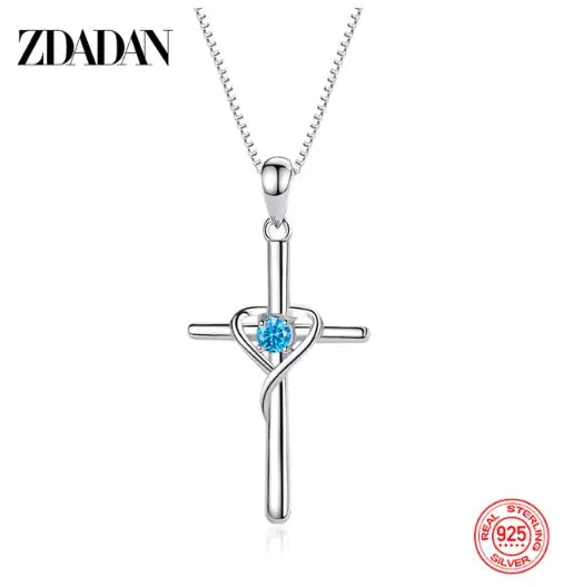 ZDADAN 925 Silver Blue Zircon Cross Pendant Necklace for Women WEM Support (www.WEM.support)