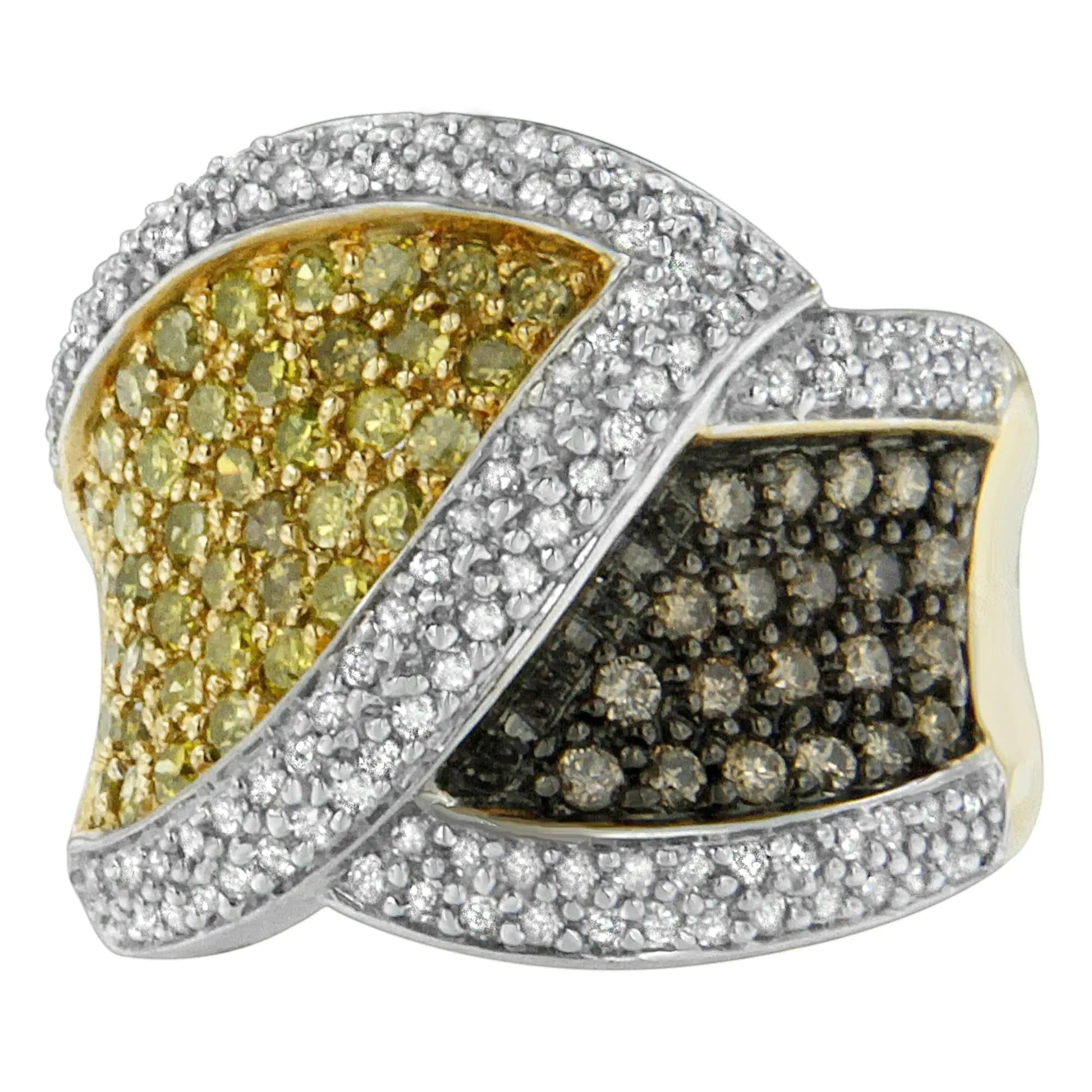 14K Yellow Gold Yellow, White, and Champagne Round-Cut Diamond Cross-over Ring (1 1/2 cttw, H-I Color, I1-I2 Clarity) WEM Support (www.WEM.support)