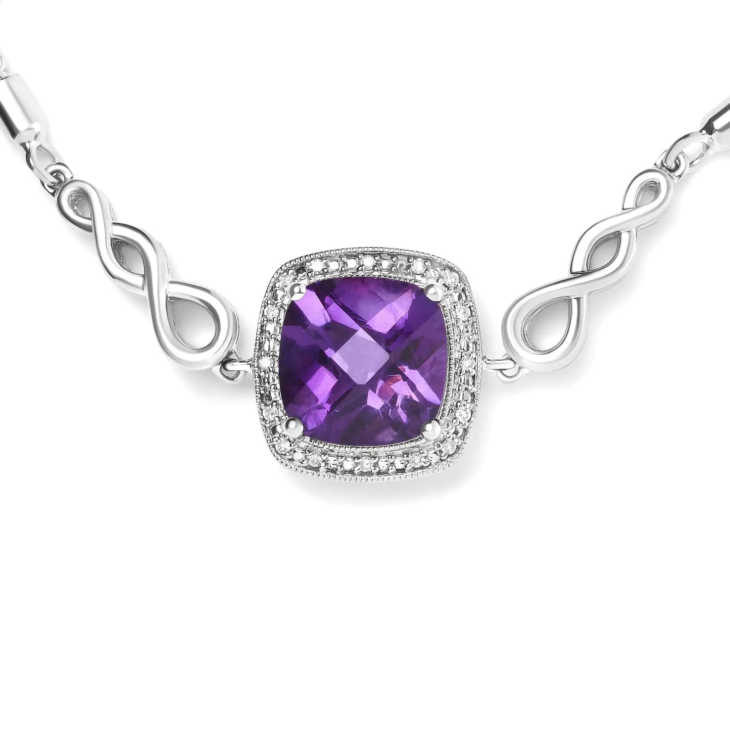 .925 Sterling Silver 10mm Cushion Cut Amethyst Gemstone and Diamond Accent Lariat 4”-10” Adjustable Bolo Bracelet (H-I Color, SI1-SI2 Clarity) WEM Support (www.WEM.support)