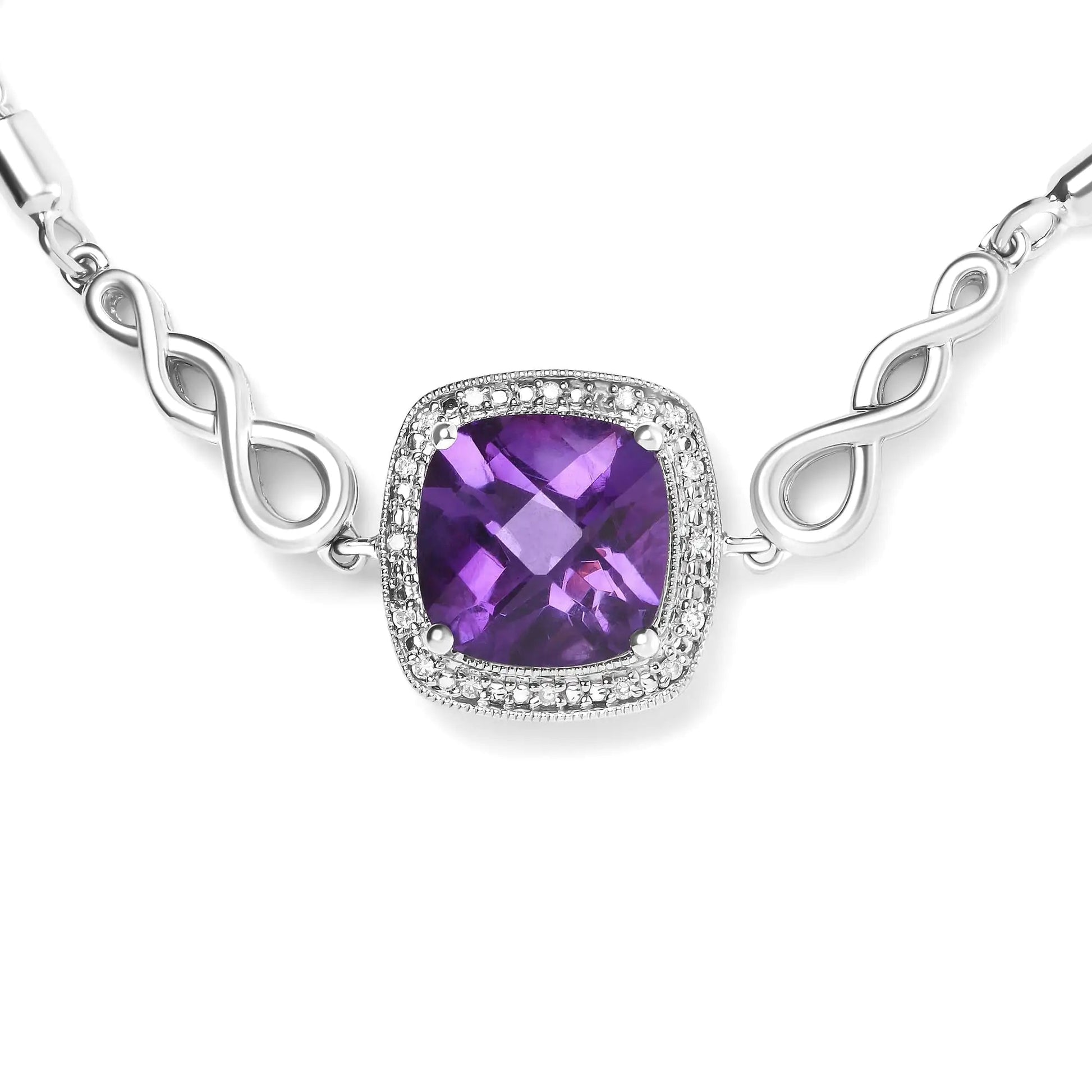 .925 Sterling Silver 10mm Cushion Cut Amethyst Gemstone and Diamond Accent Lariat 4”-10” Adjustable Bolo Bracelet (H-I Color, SI1-SI2 Clarity) WEM Support (www.WEM.support)
