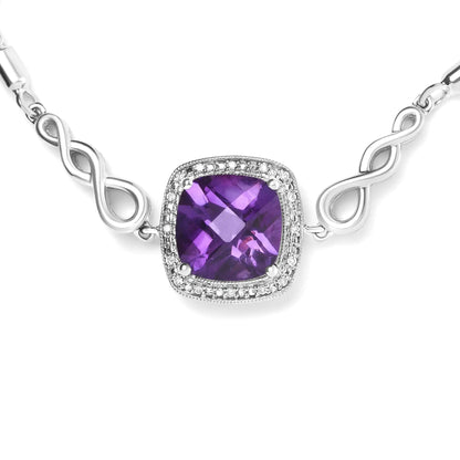 .925 Sterling Silver 10mm Cushion Cut Amethyst Gemstone and Diamond Accent Lariat 4”-10” Adjustable Bolo Bracelet (H-I Color, SI1-SI2 Clarity) WEM Support (www.WEM.support)