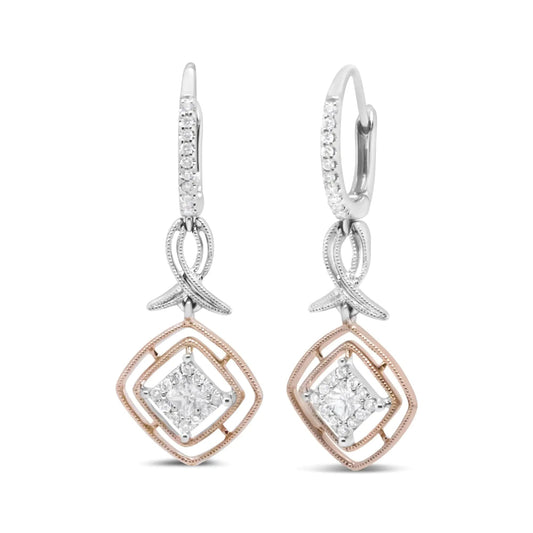 14K White and Rose Gold 1/2 Cttw Round and Princess-Cut Diamond Openwork Marquise Ribbon Dangle Earring (G-H Color, SI2-I1 Clarity) WEM Support (www.WEM.support)