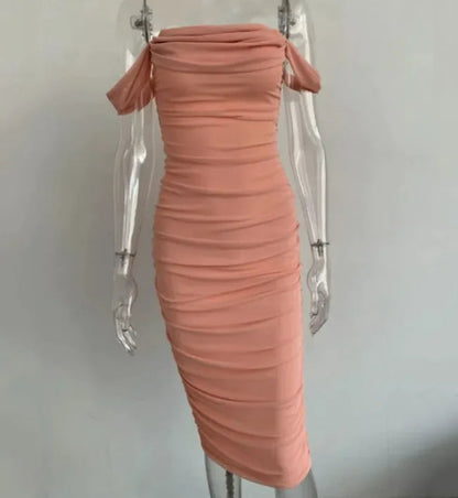 Tube top off shoulder pleated slit dress HejK.com