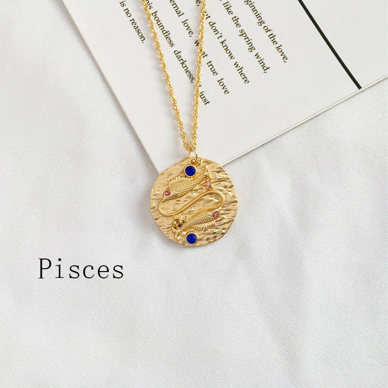 Gold Coin Disk Pendant Zodiac Necklace WEM Support (www.WEM.support)