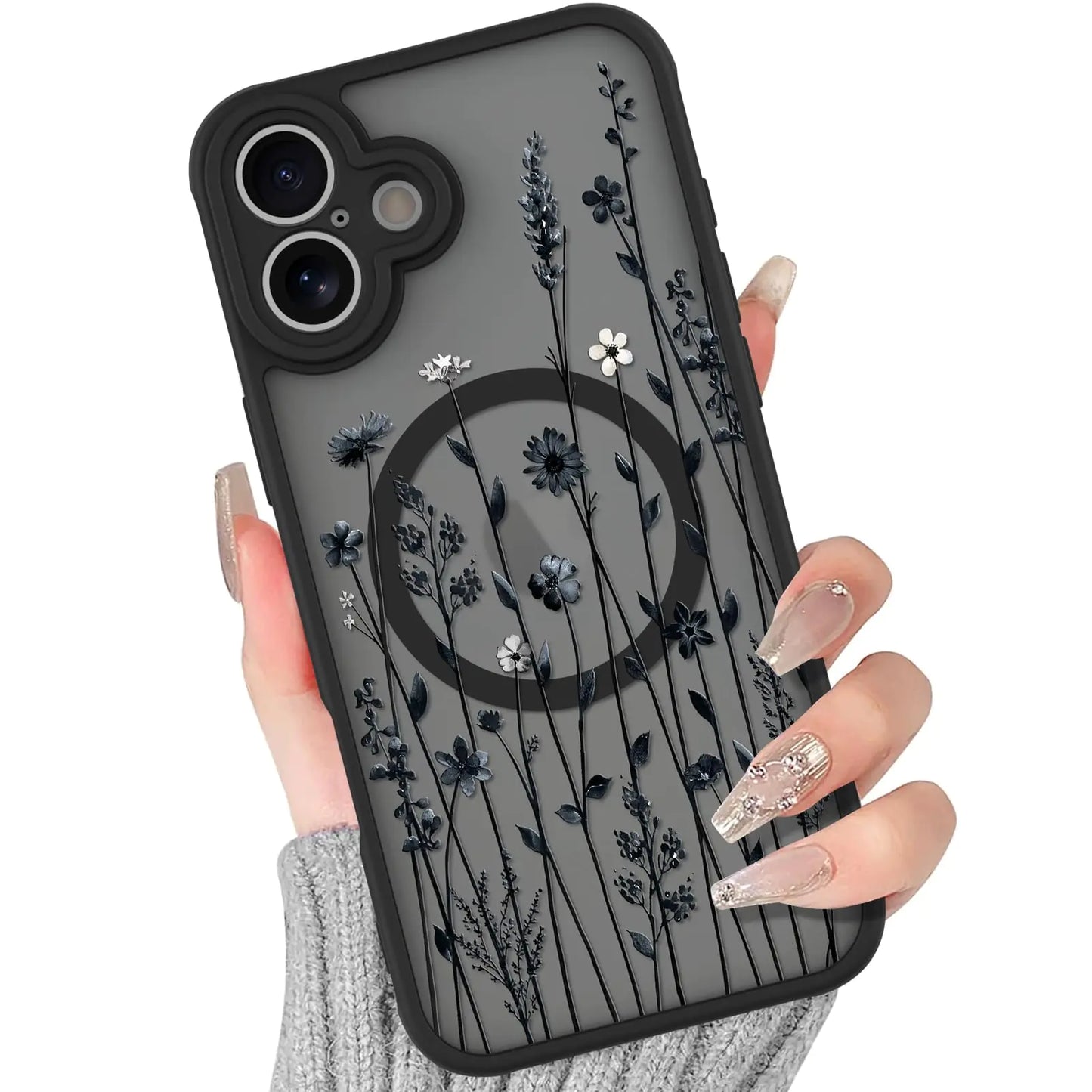 BITOBE Floral Case for iPhone 13 [Compatible with MagSafe] Cute Flower Pattern Case for Women Girls Soft TPU Bumper Translucent Magnetic Slim Protective Cover - Black Rose