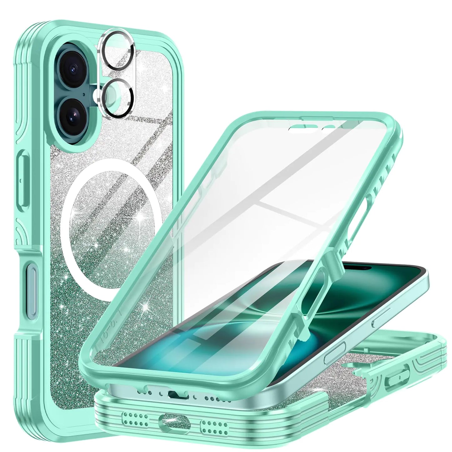 Hekodonk for iPhone 16 Plus Case,Compatible with Magsafe[Built-in 9H Tempered Glass Screen Protector & Camera Lens Protector] Full Body Shockproof Protective Women Girl Bling Case,Pink Glitter