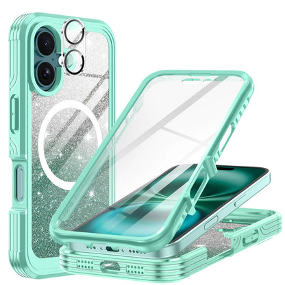 Hekodonk for iPhone 16 Plus Case,Compatible with Magsafe[Built-in 9H Tempered Glass Screen Protector & Camera Lens Protector] Full Body Shockproof Protective Women Girl Bling Case,Pink Glitter