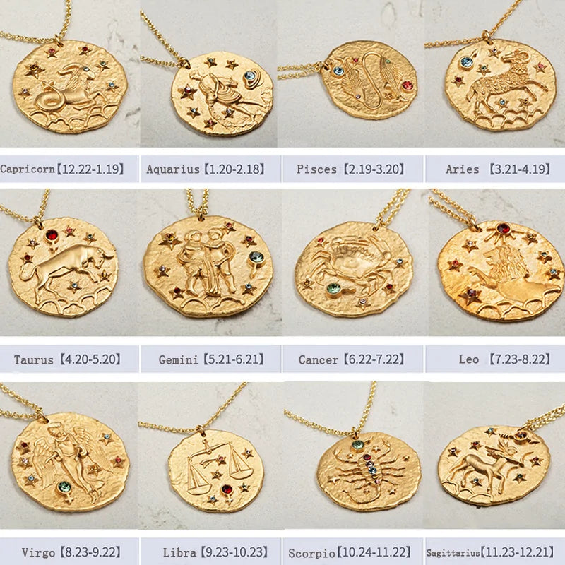 Gold Coin Disk Pendant Zodiac Necklace WEM Support (www.WEM.support)