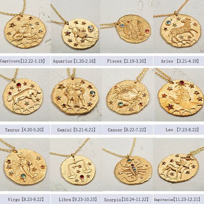 Gold Coin Disk Pendant Zodiac Necklace WEM Support (www.WEM.support)