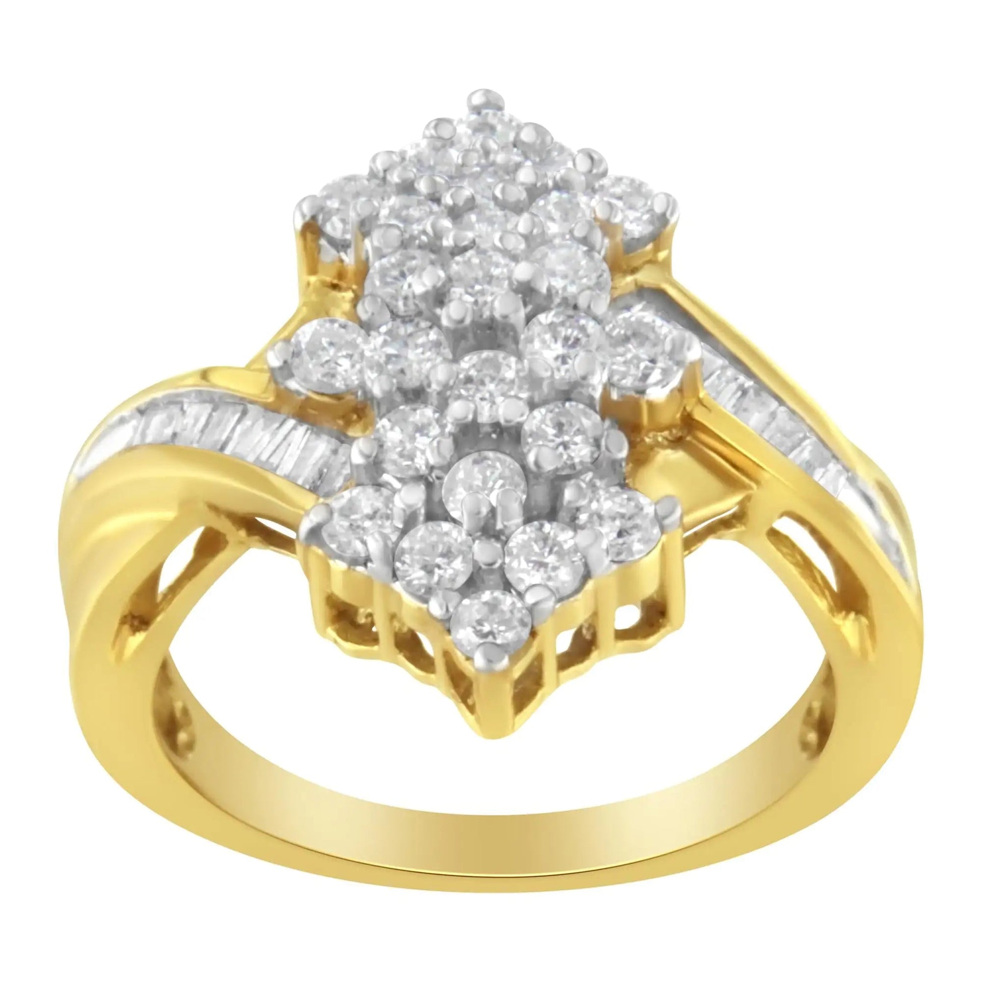 10K Yellow Gold Round And Baguette Cut Diamond Cluster Ring (1 1/10 Cttw, H-I Color, SI2-I1 Clarity) WEM Support (www.WEM.support)