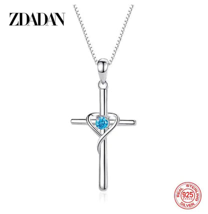 ZDADAN 925 Silver Blue Zircon Cross Pendant Necklace for Women WEM Support (www.WEM.support)