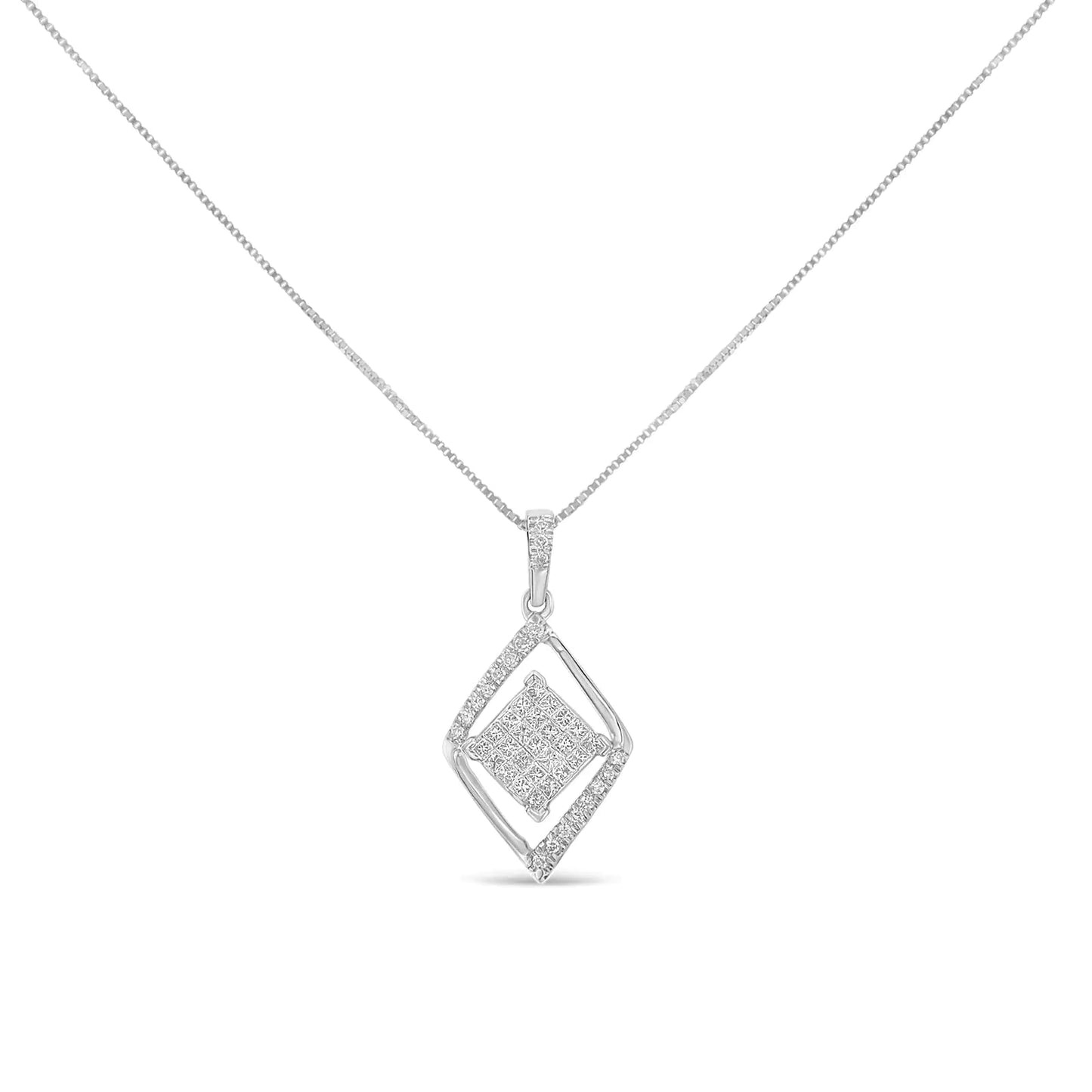 10k White Gold 1/3 Cttw Round and Princess-Cut Diamond Double Triangle 18" Pendant Necklace (H-I Color, SI1-SI2 Clarity) WEM Support (www.WEM.support)