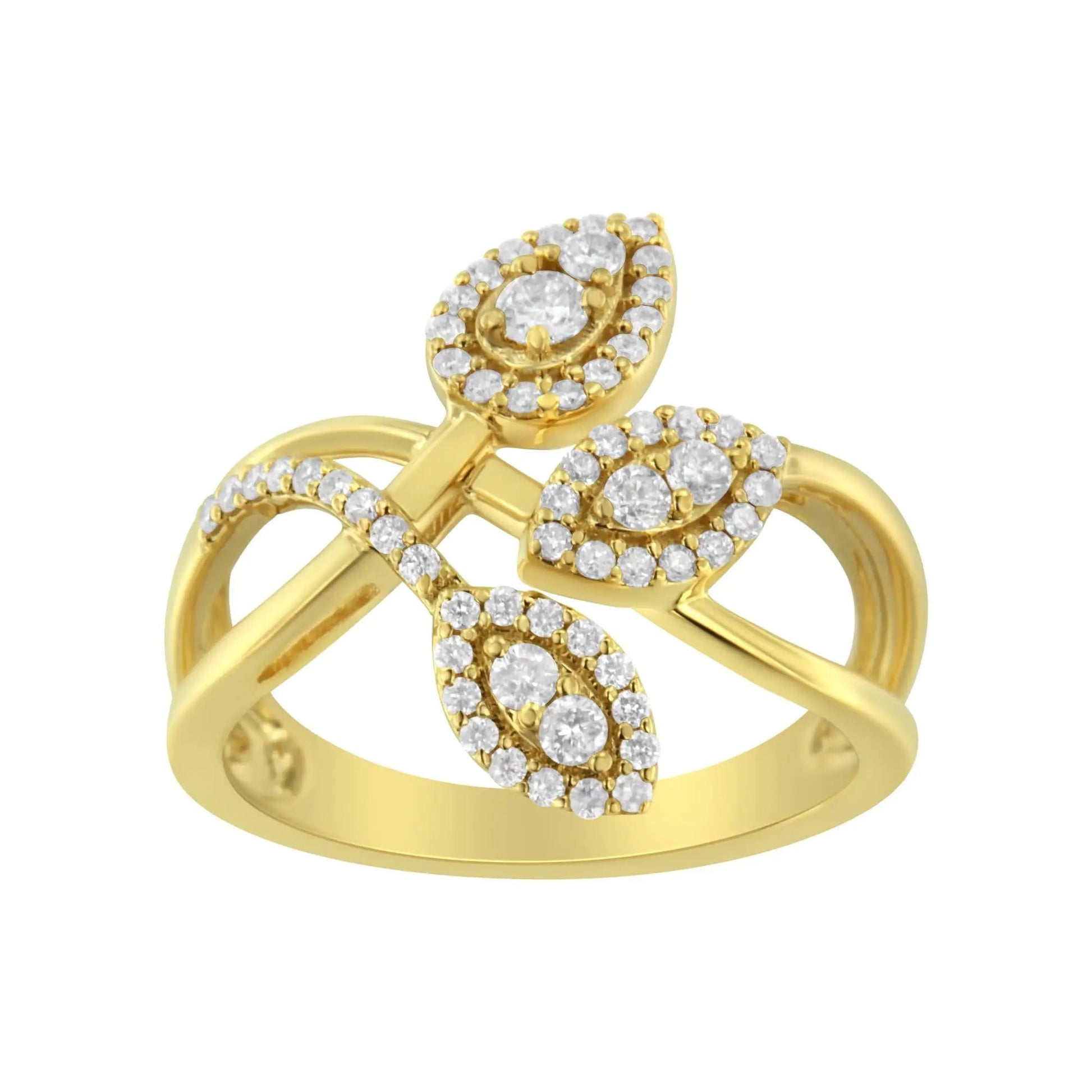 10K Yellow Gold 1/2 Cttw Round-Cut Diamond Layered Crossover Triple Leaf Bypass Ring (I-J Color, I1-I2 Clarity) WEM Support (www.WEM.support)