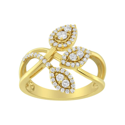 10K Yellow Gold 1/2 Cttw Round-Cut Diamond Layered Crossover Triple Leaf Bypass Ring (I-J Color, I1-I2 Clarity) WEM Support (www.WEM.support)