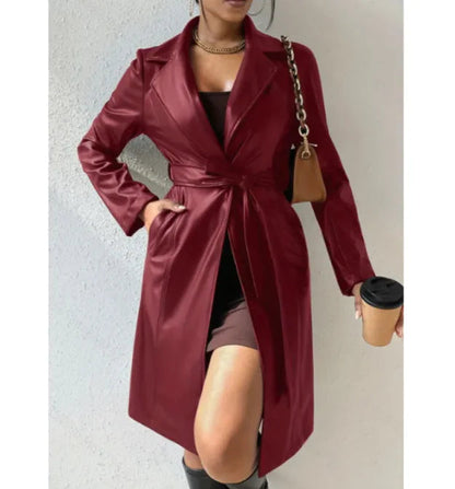 Women's Slim Fit PU Leather Trench Coat with Lapel Collar and Pockets WEM Support (www.WEM.support)