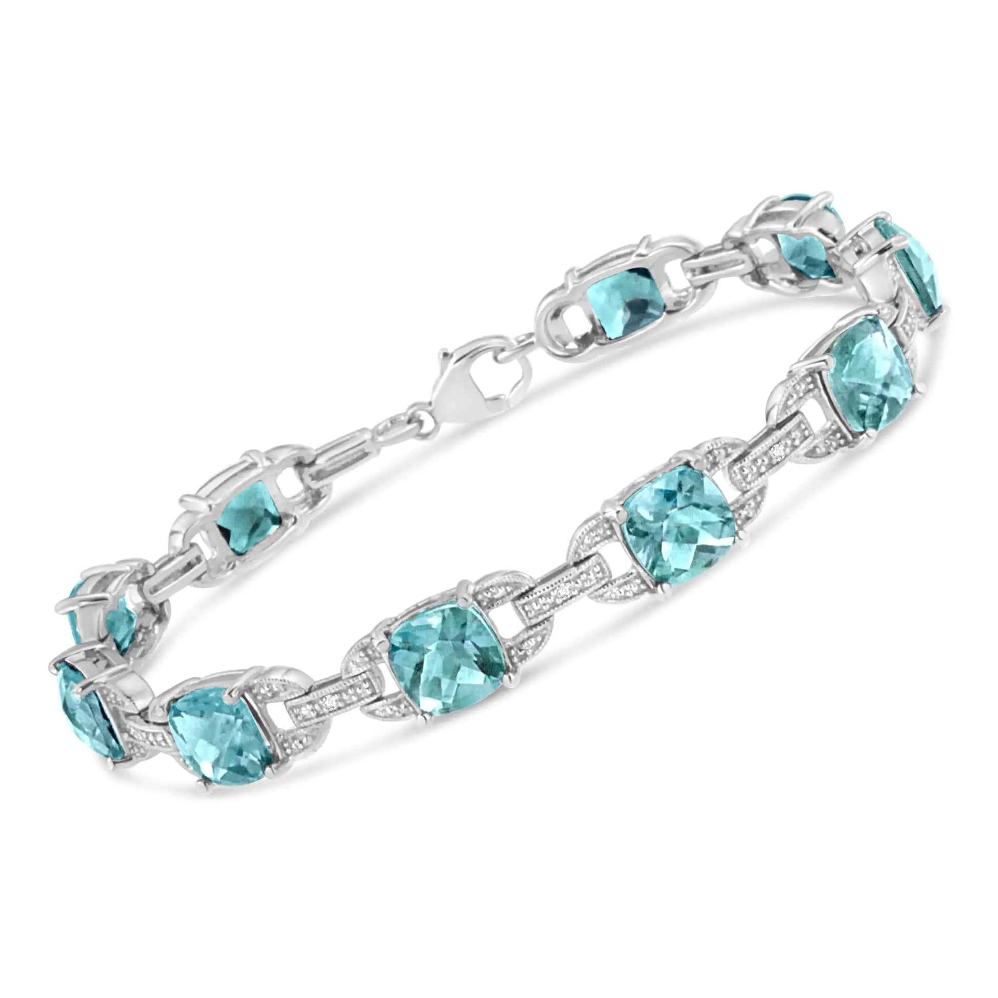 .925 Sterling Silver 7x7 mm Cushion Cut Blue Topaz and 1/20 cttw Round Cut Diamond Fashion Tennis Bracelet (I-J Color, I1-I2 Clarity) - 7" WEM Support (www.WEM.support)