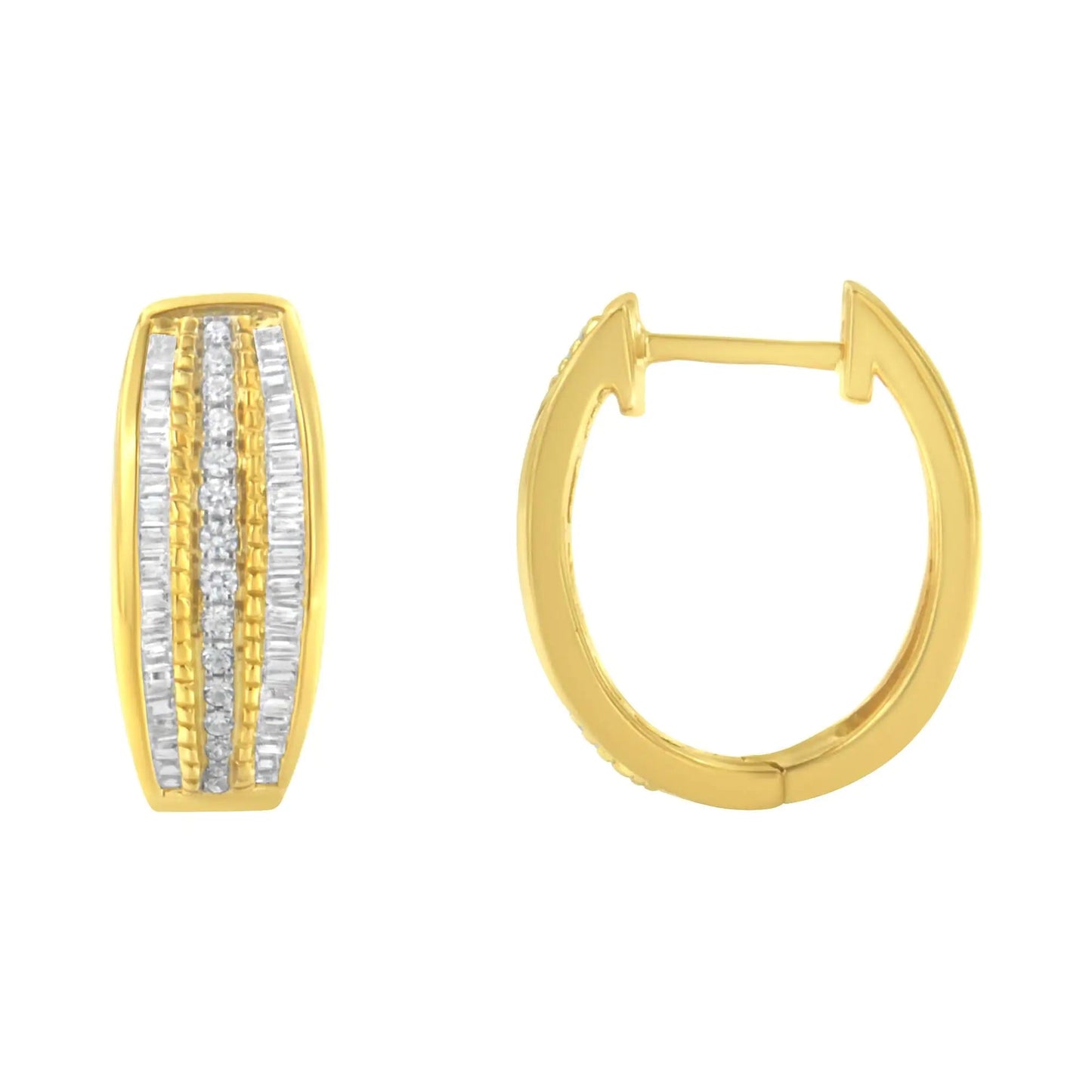 10K Yellow Gold 3/4 Cttw Pave and Channel Set Diamond Triple Row Modern Hoop Earrings (I-J Color, I2-I3 Clarity) WEM Support (www.WEM.support)