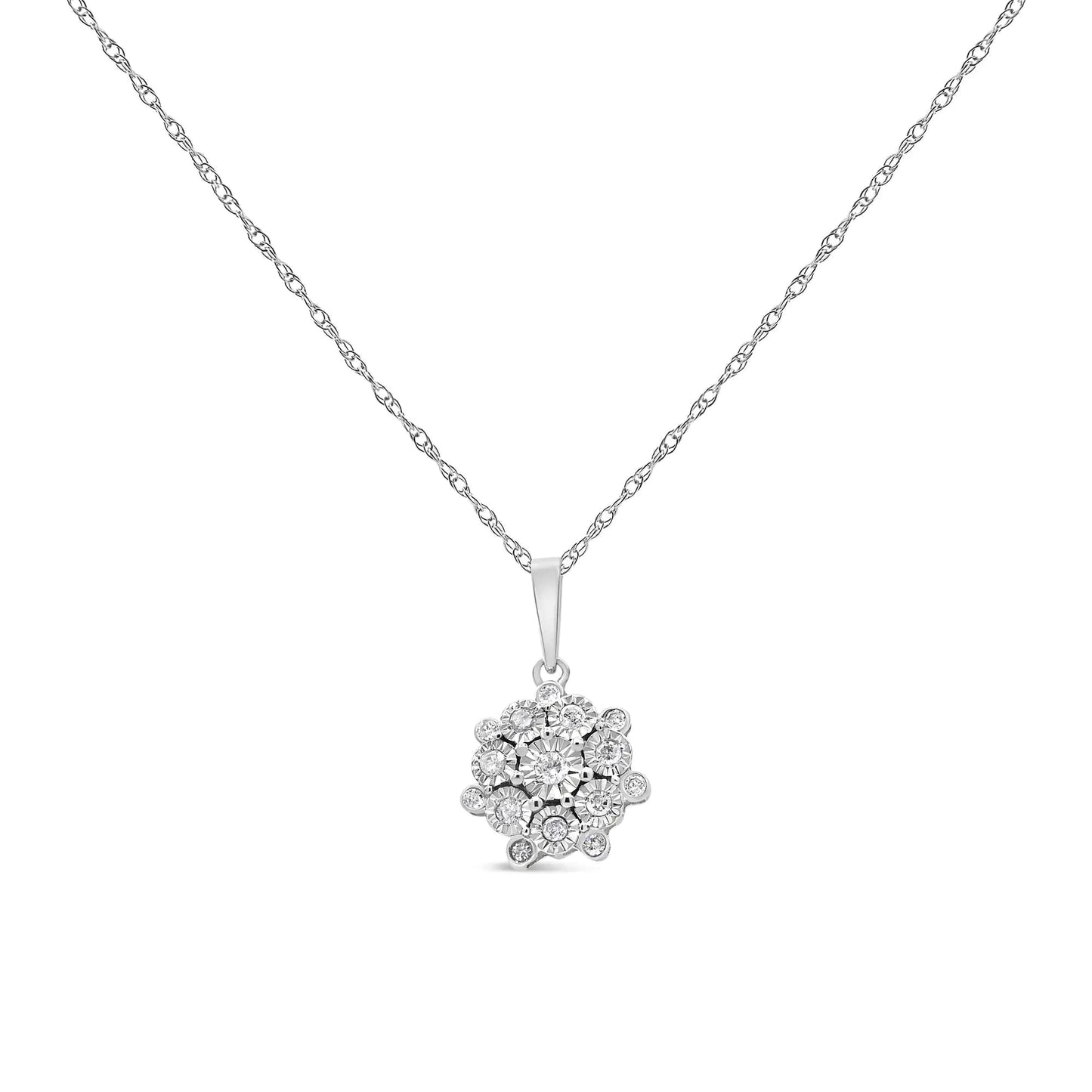 .925 Sterling Silver 1/4 Cttw Miracle Set Diamond Floral Cluster 18" Pendant Necklace for Women (I-J Color, I1-I2 Clarity) WEM Support (www.WEM.support)