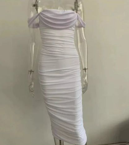 Tube top off shoulder pleated slit dress HejK.com