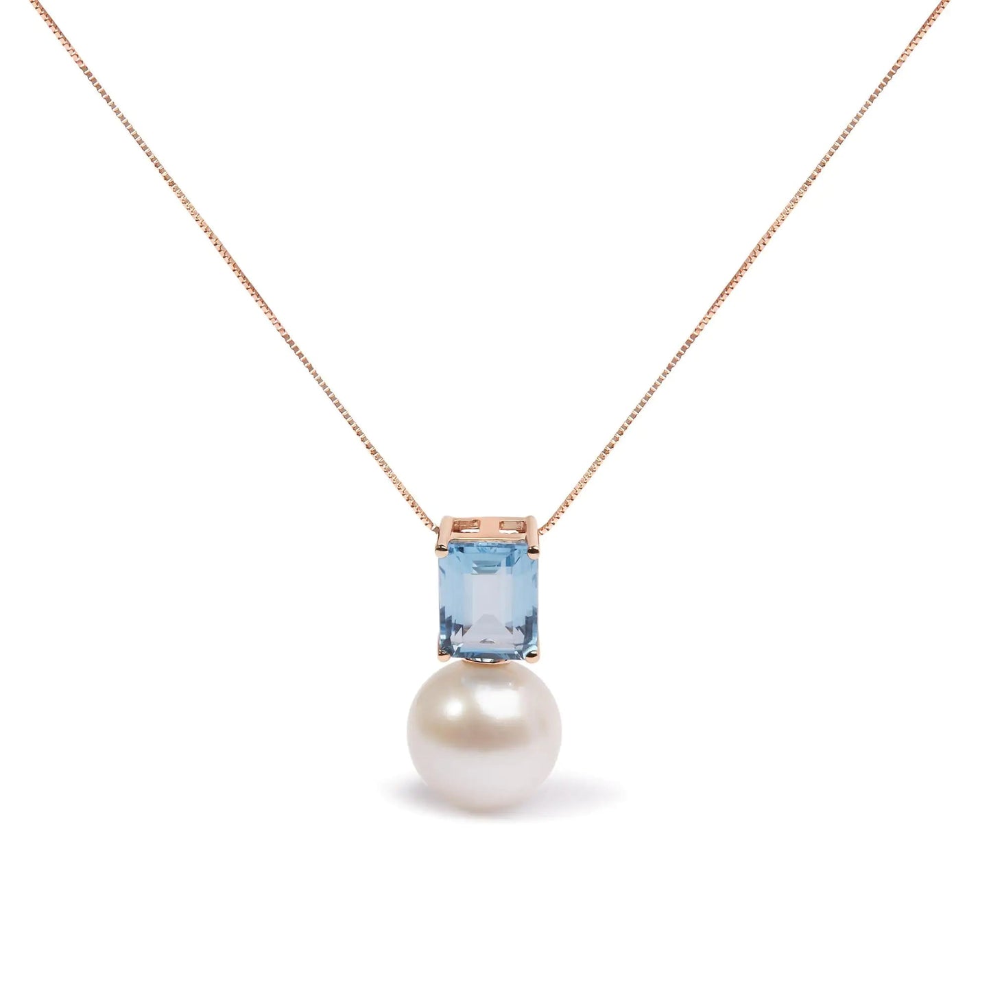 14K Rose Gold 11MM Cultured Freshwater Pearl and 9x7mm Octagon Swiss Blue Topaz Pendant Necklace - 18" Inches WEM Support (www.WEM.support)