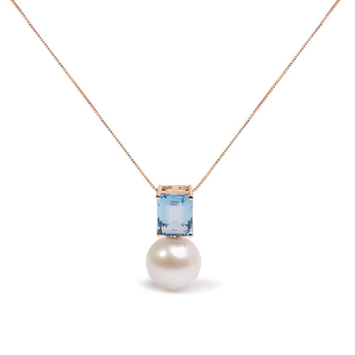 14K Rose Gold 11MM Cultured Freshwater Pearl and 9x7mm Octagon Swiss Blue Topaz Pendant Necklace - 18" Inches WEM Support (www.WEM.support)