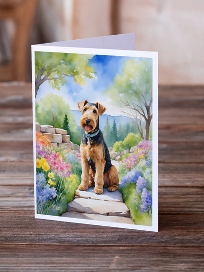 Airedale Terrier Spring Garden Greeting Cards Pack of 8 WEM Support (www.WEM.support)