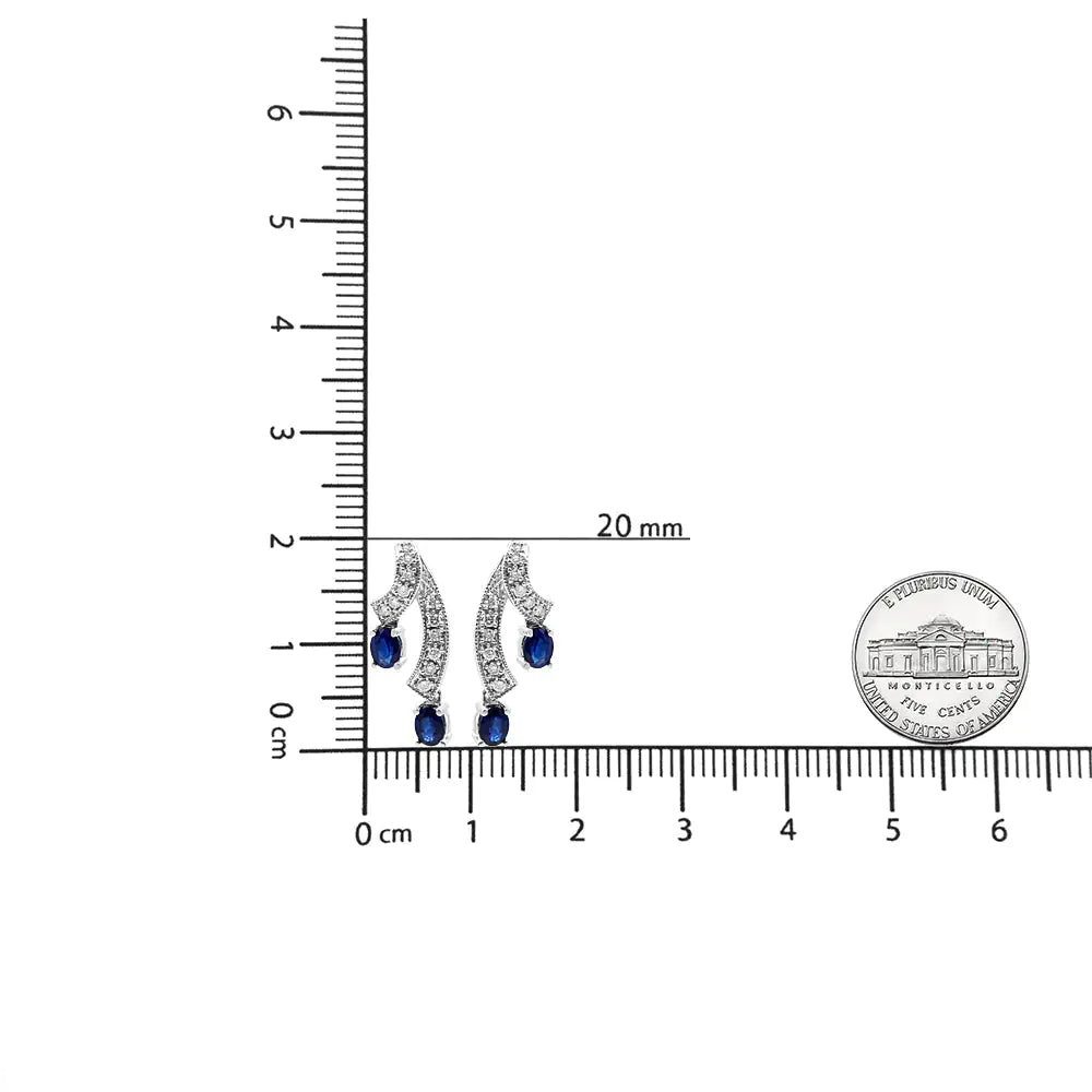 14K White Gold 4x3MM Oval Shaped Natural Blue Sapphire Gemstone and 1/5 Cttw Diamond Double 3/4" Inch Drop Stud Earrings (J-K Color, SI2-I1 Clarity) WEM Support (www.WEM.support)