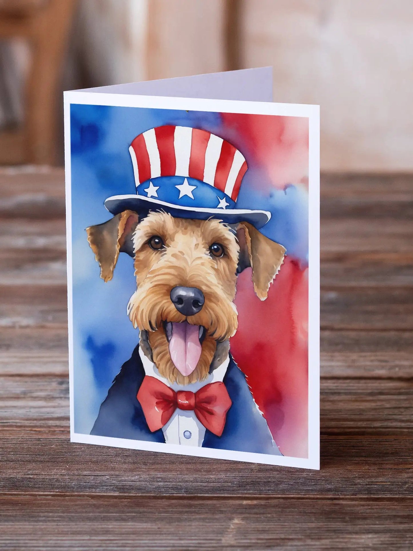 Airedale Terrier Patriotic American Greeting Cards Pack of 8 WEM Support (www.WEM.support)