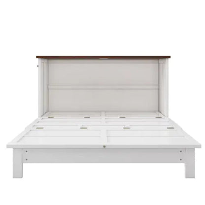 Solid Pine Murphy Bed Chest With Charging Station And Large Storage Drawer For Home Office Or Small Room , Full, White Walnut WEM Support (www.WEM.support)
