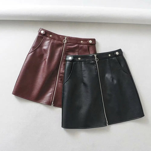 High Waist Slim Zipper A - Line PU Leather Mini Skirt - Catch Cards