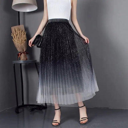 High - Waisted Pleated Skirt with Gradient Mesh Design - Catch Cards